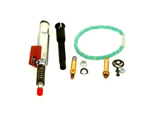 BOSCH Service-Set Ölabschlusssystem bestehend aus mehreren Komponenten, darunter ein Zylinder, eine Dichtung und Verbindungselemente, angeordnet auf einem weißen Hintergrund.